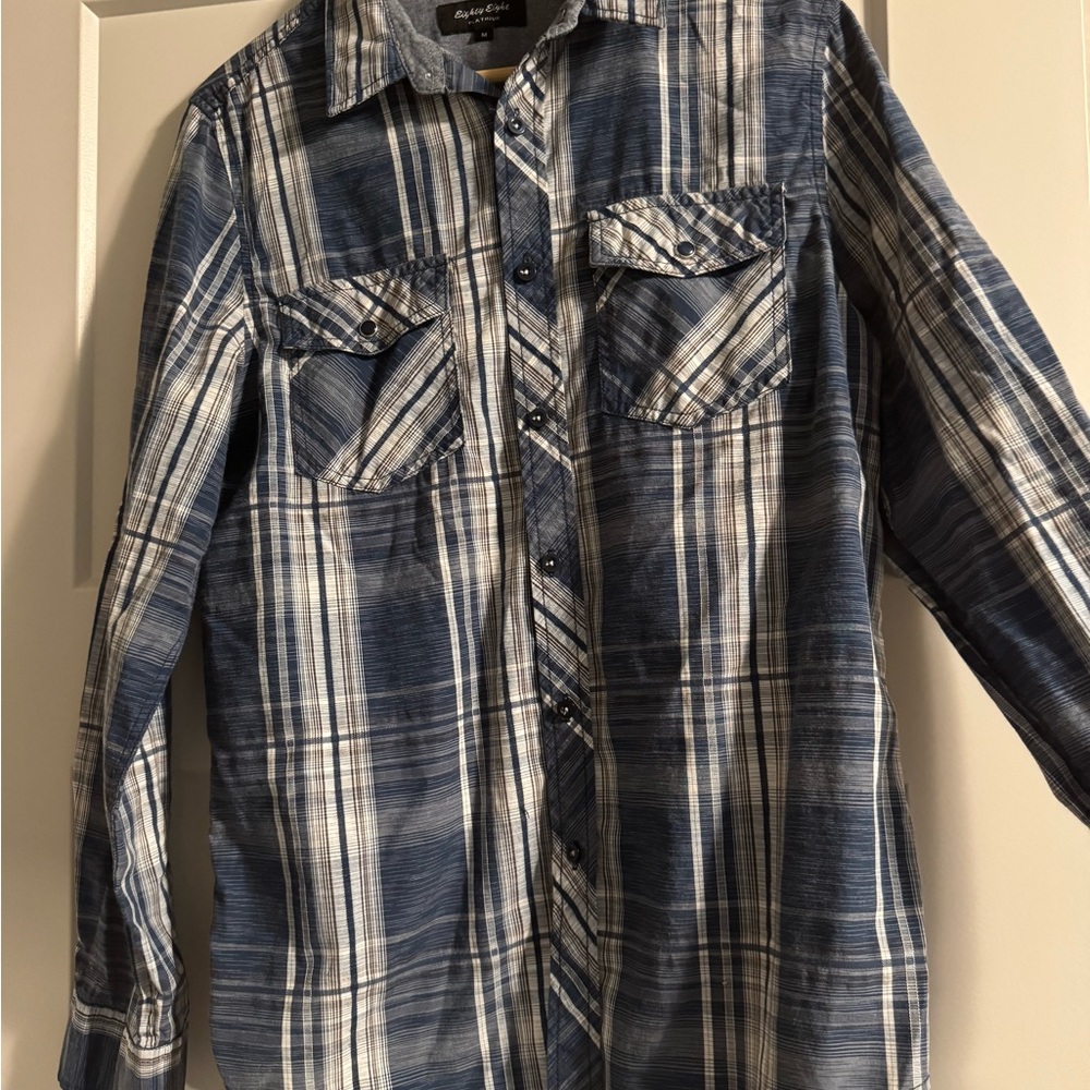 Mens Blue Plaid Button-Up Shirt
